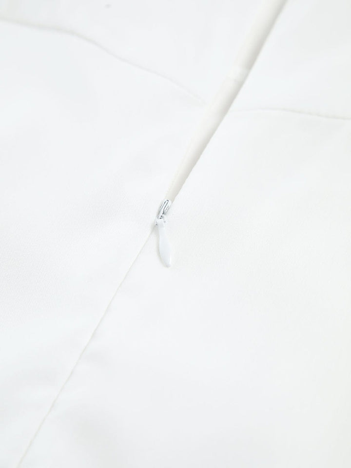 Full shot of an elegant women's A-line midi dress with a stylish square neckline, ideal for wedding guests.