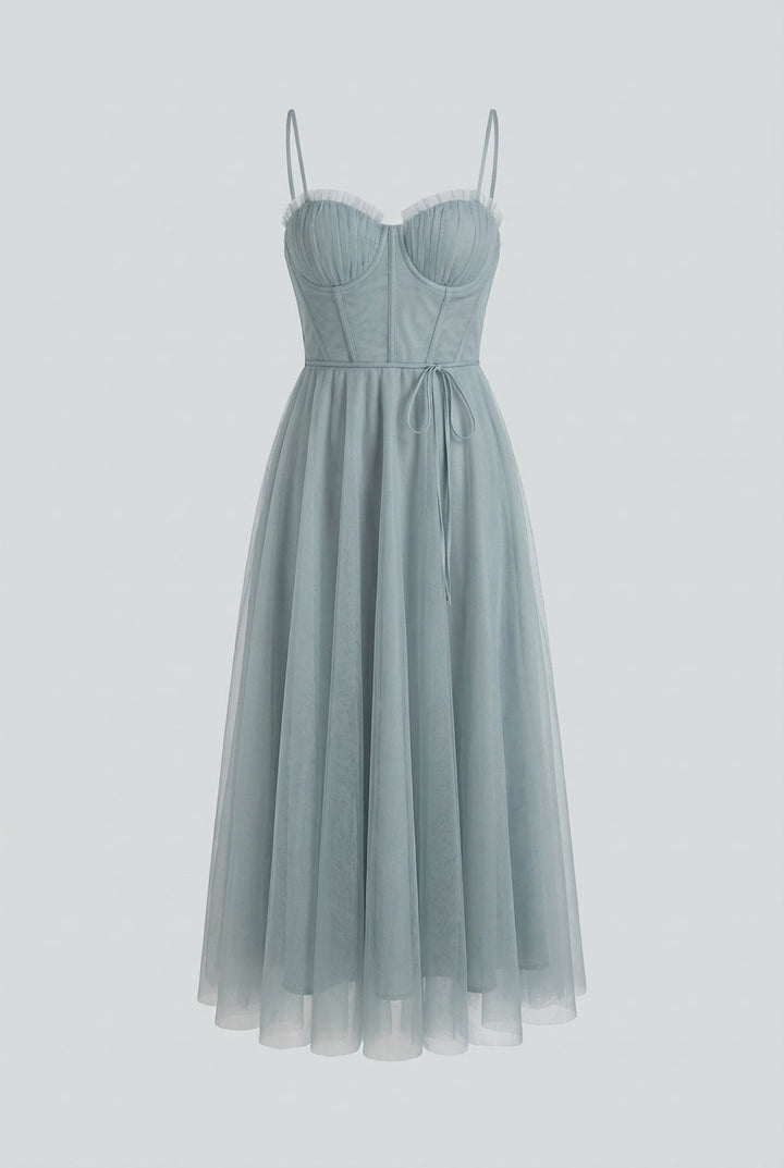 Chic blue A-line midi dress for women, blending comfort with an elegant look.