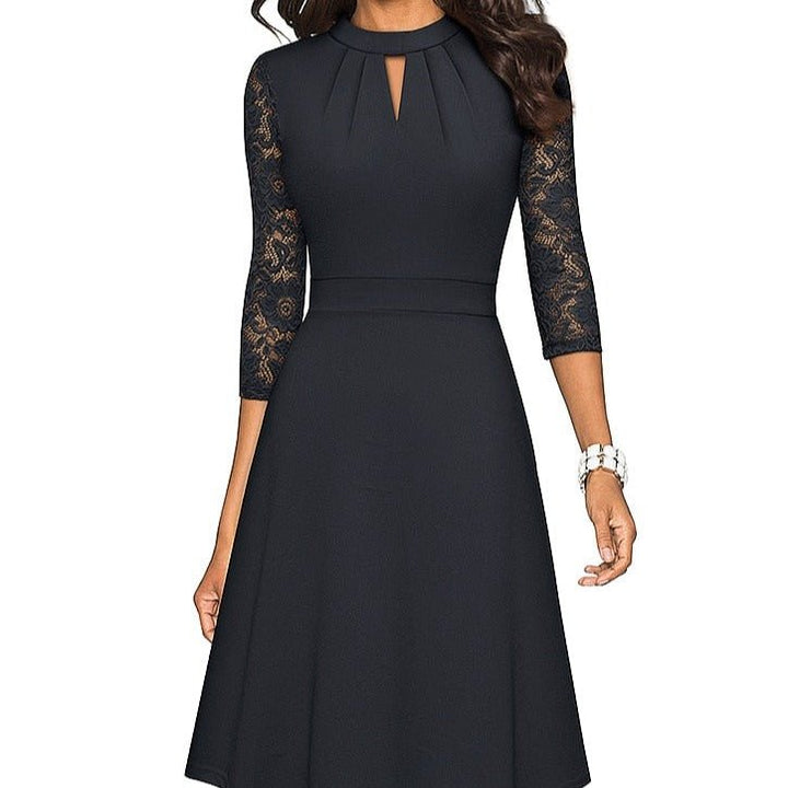 Elegant A-line midi dress for women with intricate 3/4 sleeves, perfect for semi-formal evening wear.