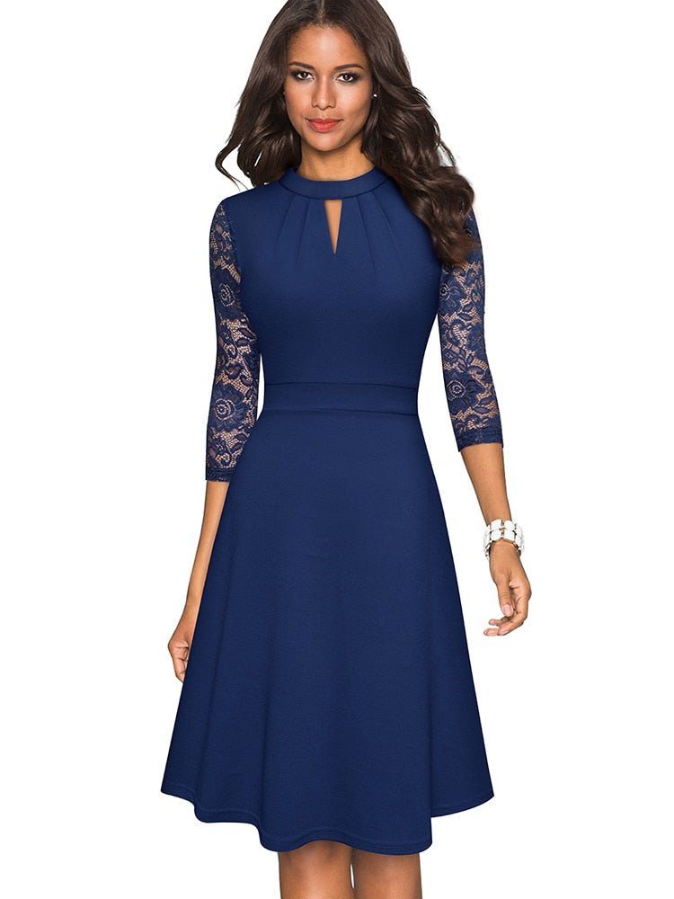 Stunning women's evening A-line dress, midi length, with intricate 3/4 sleeves, ideal for special occasions.