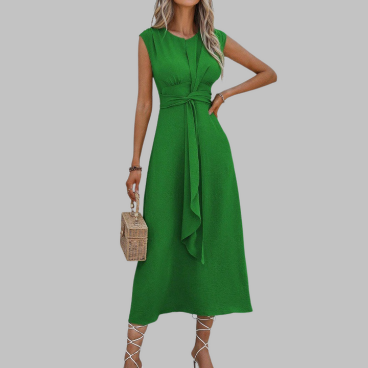 Elegant A-line midi sundress for women, belted and sleeveless, perfect for summer fashion & warm weather.
