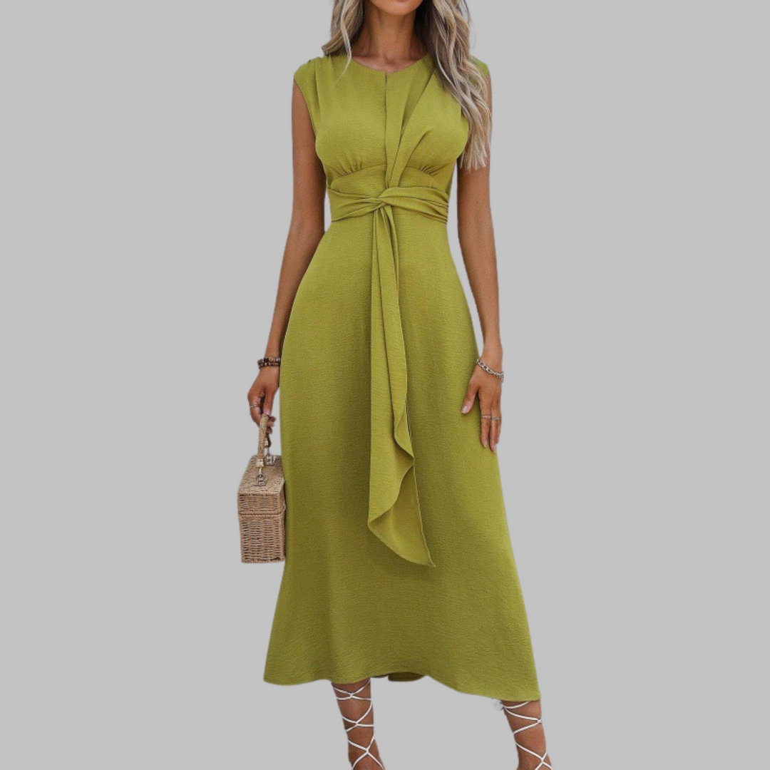 Chic women's A-line midi sundress, sleeveless & belted, ideal for casual summer, resort wear or vacation.