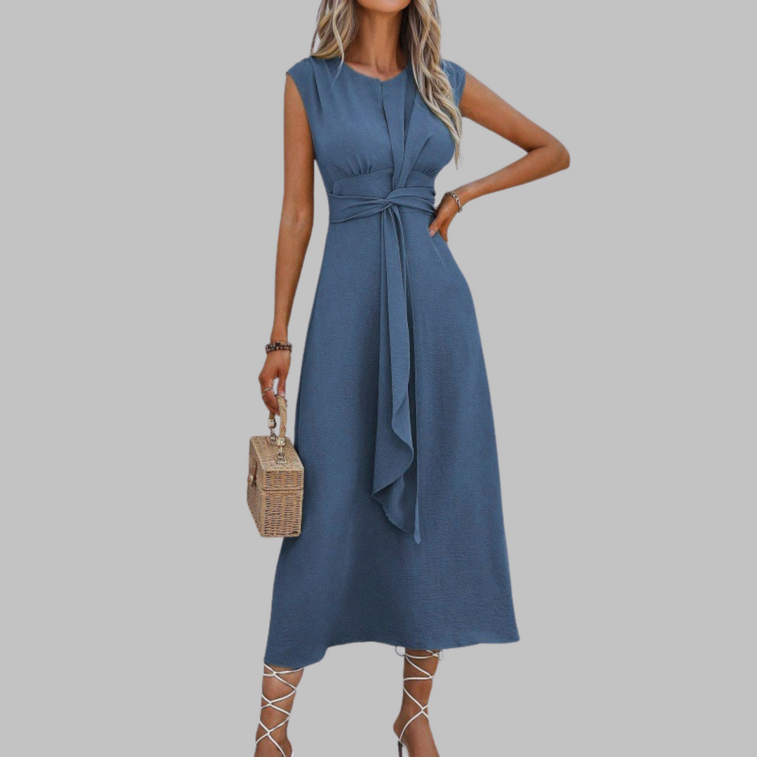 Sleeveless A-line midi sundress with belt, women's elegant design, perfect for warm weather & resort fashion.