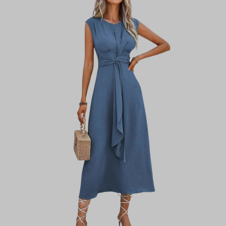 Sleeveless A-line midi sundress with belt, women's elegant design, perfect for warm weather & resort fashion.
