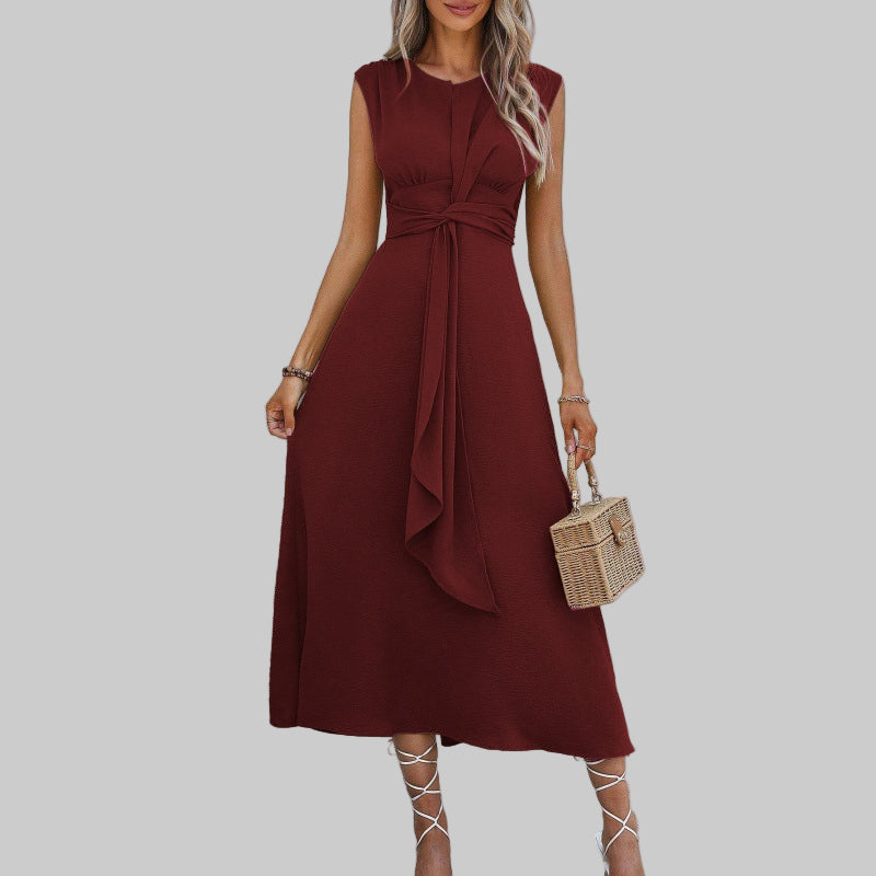 Comfortable women's A-line midi sundress, sleeveless & belted, great casual wear for summer & warm weather.