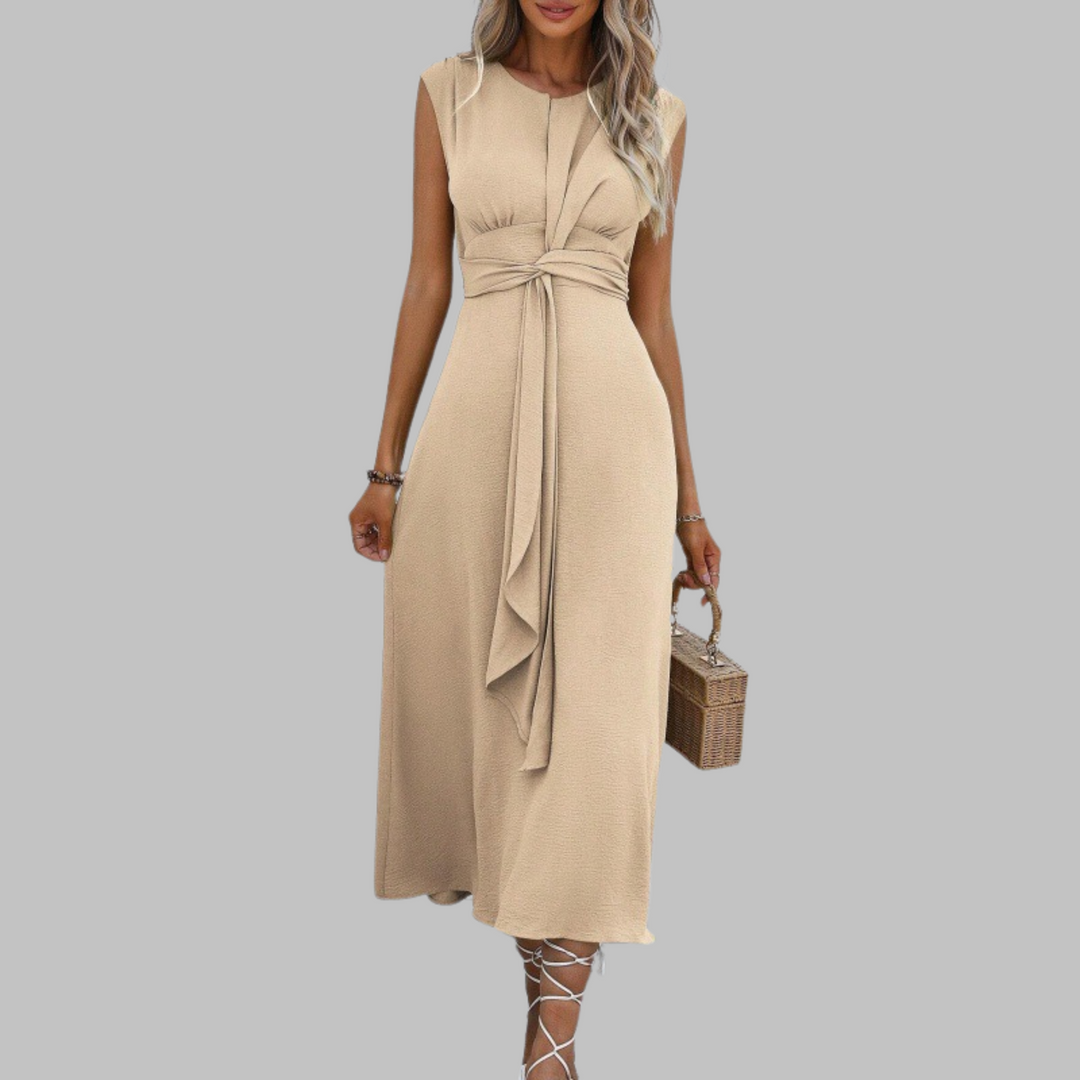 Women's sleeveless A-line midi sundress, belted, a must-have elegant vacation outfit & resort wear.
