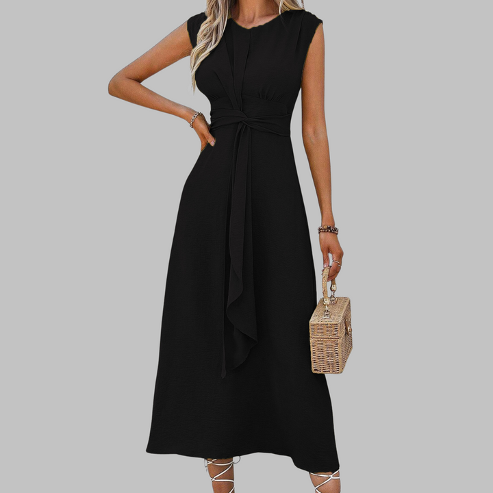 Flattering A-line midi sundress for women, sleeveless and belted, perfect for elegant summer fashion.
