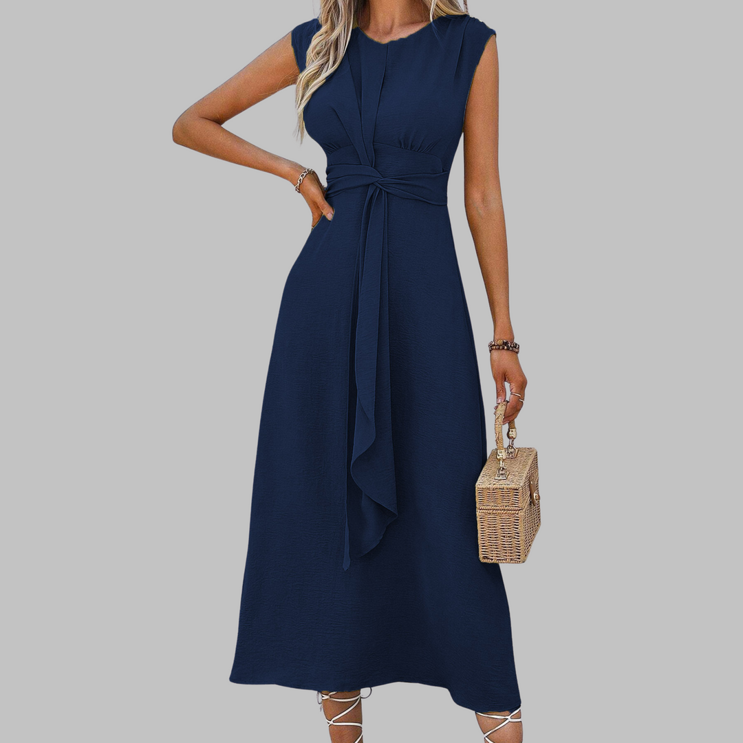 Women's belted A-line midi sundress, sleeveless, elegant summer dress for warm weather & casual chic.