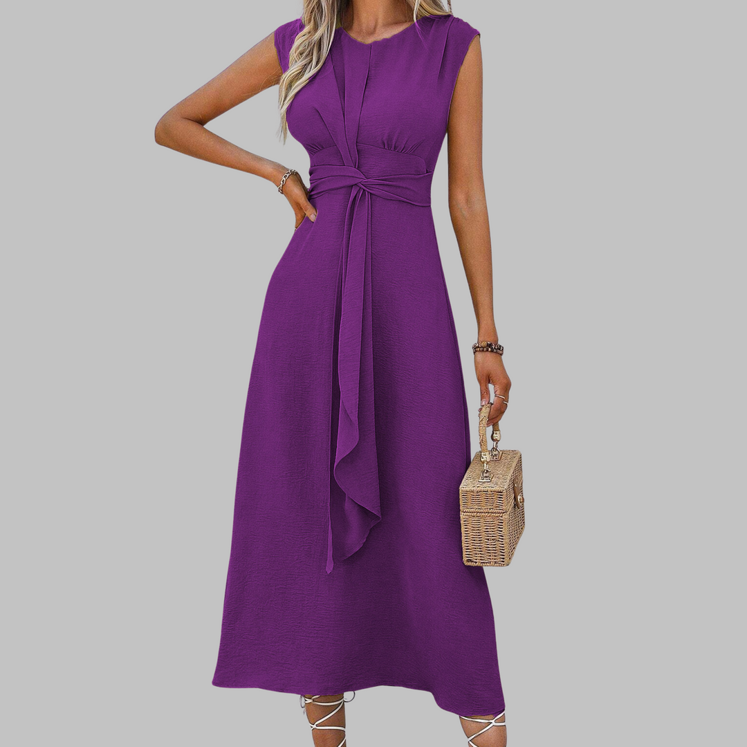 Stylish women's A-line midi sundress, sleeveless, belted, excellent for summer fashion, resort & vacation.