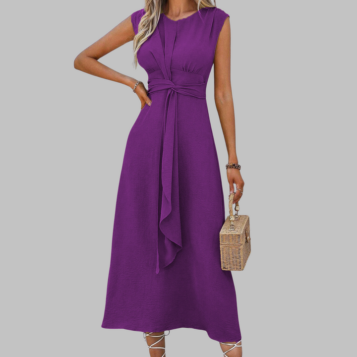 Stylish women's A-line midi sundress, sleeveless, belted, excellent for summer fashion, resort & vacation.