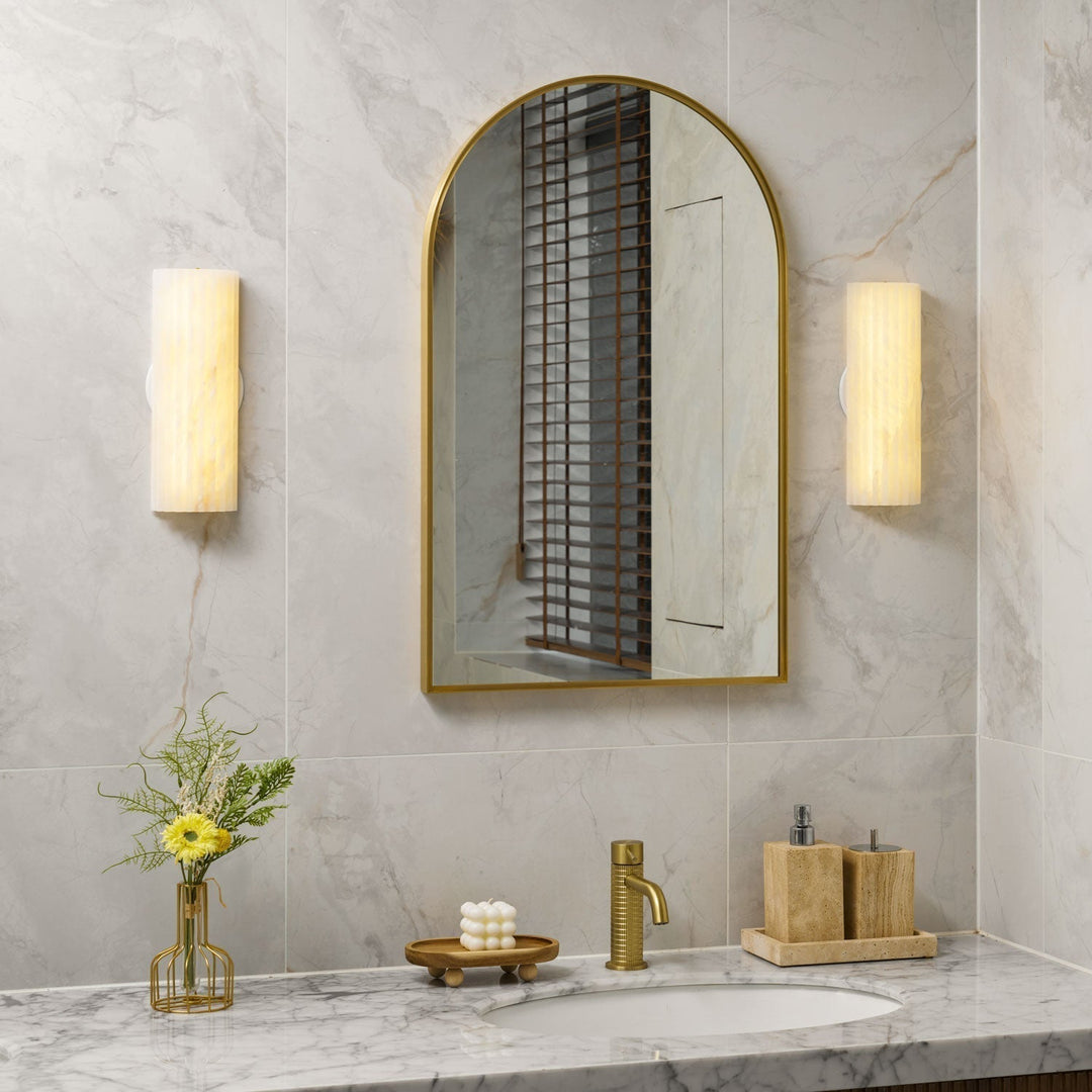 Dimmable alabaster LED wall light, customizable brightness for modern home lighting.