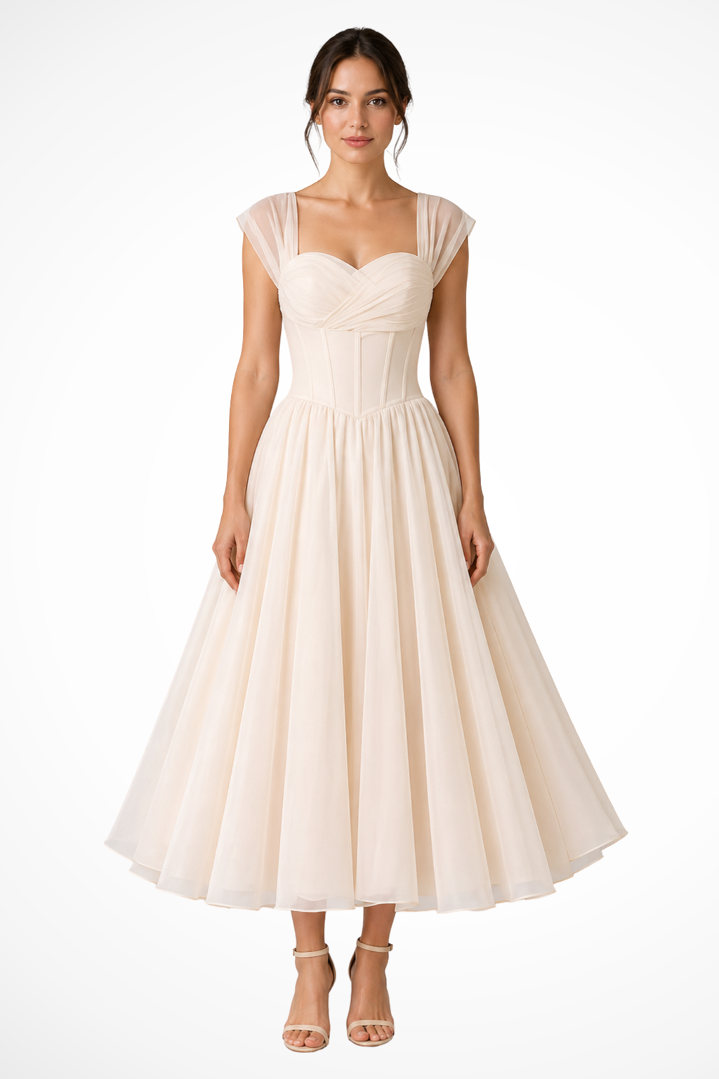 Elegant apricot midi wedding guest dress with sweetheart neckline & cap sleeves. Perfect for special occasions.