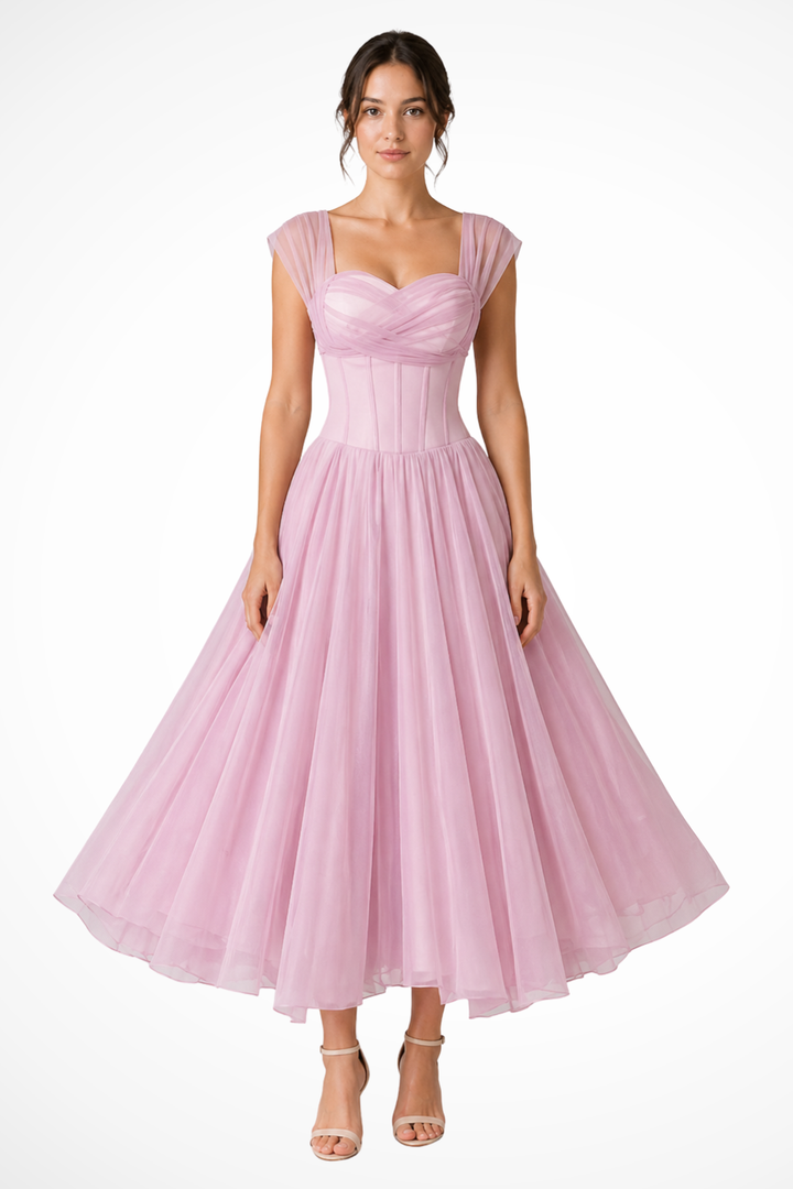 Women's elegant A-line midi dress featuring a beautiful sweetheart neckline & delicate cap sleeves. Perfect party wear.