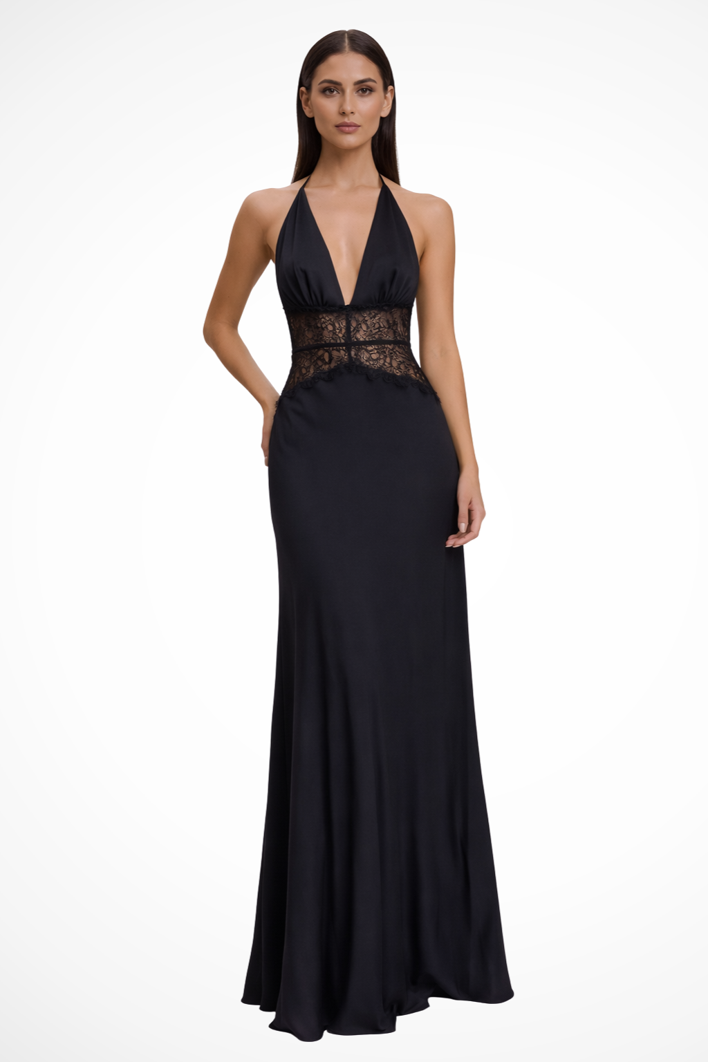 Elegant backless halter neck maxi dress, perfect for wedding guests & formal events.