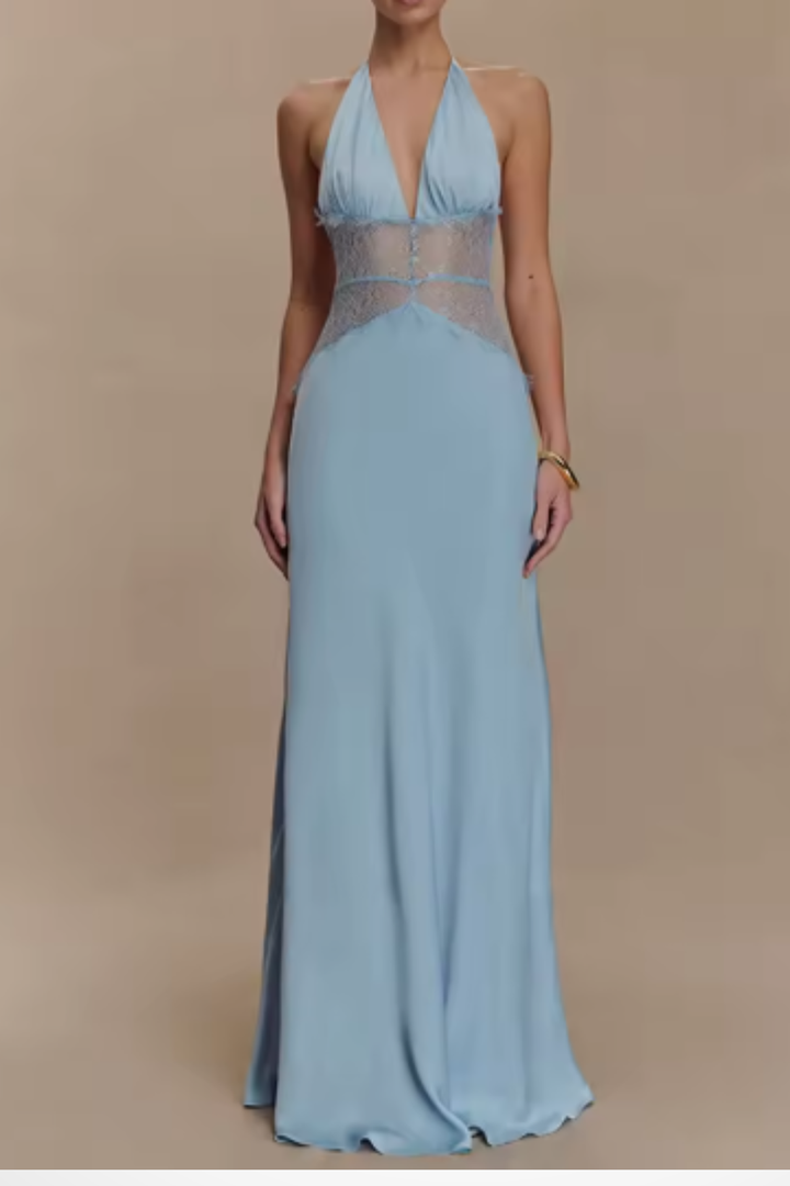 Chic halter neck backless evening maxi dress for parties, proms, or special occasion wear.