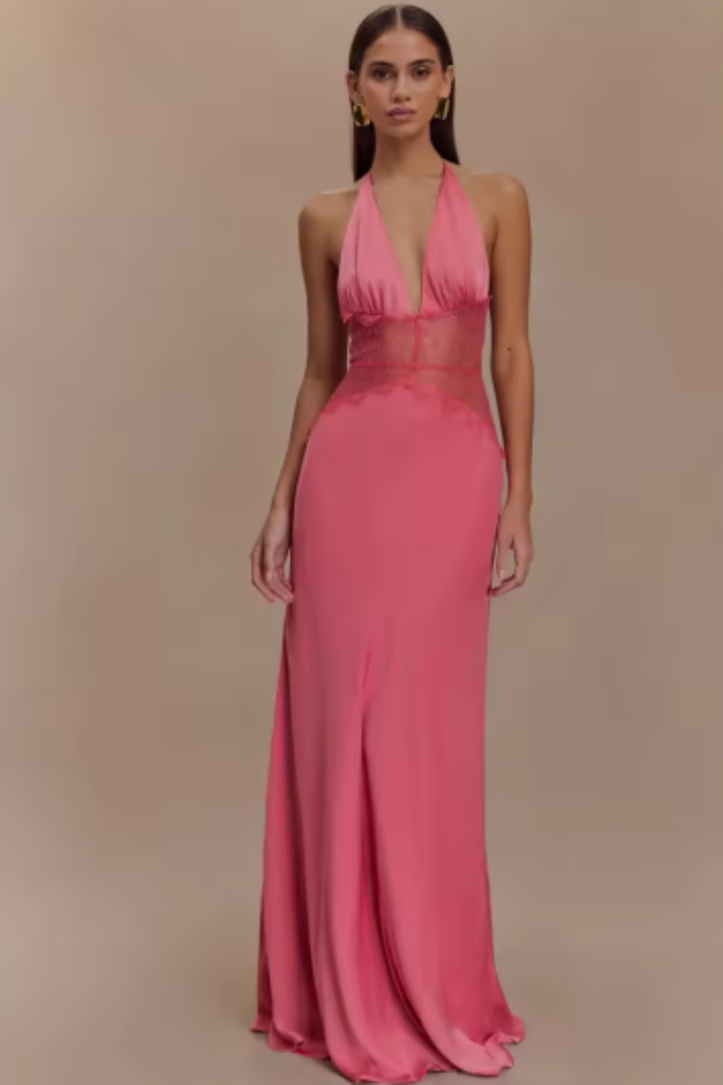 Women's halter neck backless long dress for wedding guests, elegant evening wear.