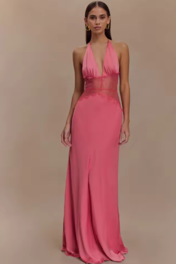 Women's halter neck backless long dress for wedding guests, elegant evening wear.