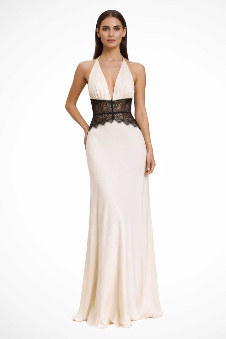 Flowing women's maxi dress with backless design & halter neck, ideal for formal parties & events.