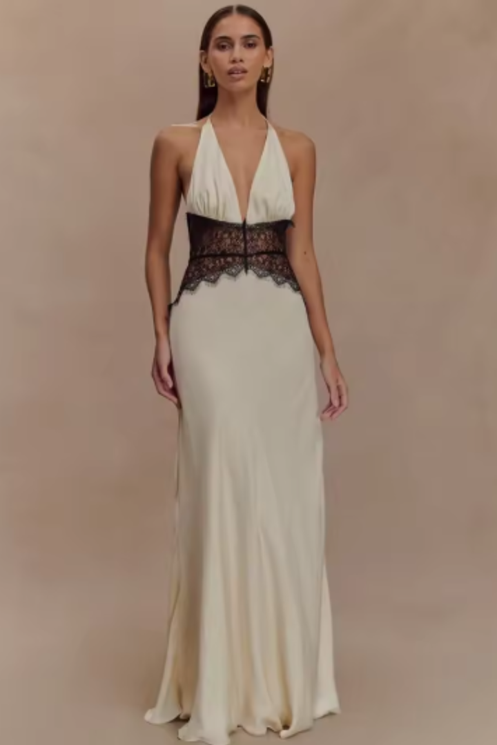 Versatile backless halter neck maxi dress, suitable for wedding guests, proms & cocktail parties.