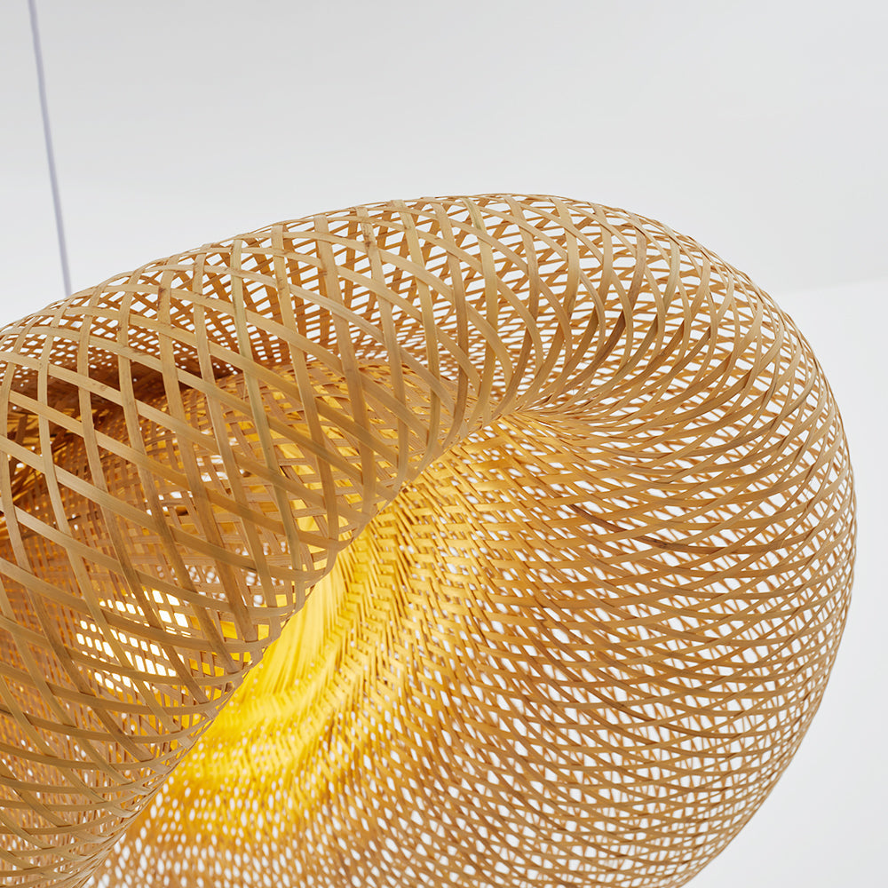 Natural rattan shade pendant light, complemented by a sturdy bamboo frame, for a cozy, eco-friendly ambiance.