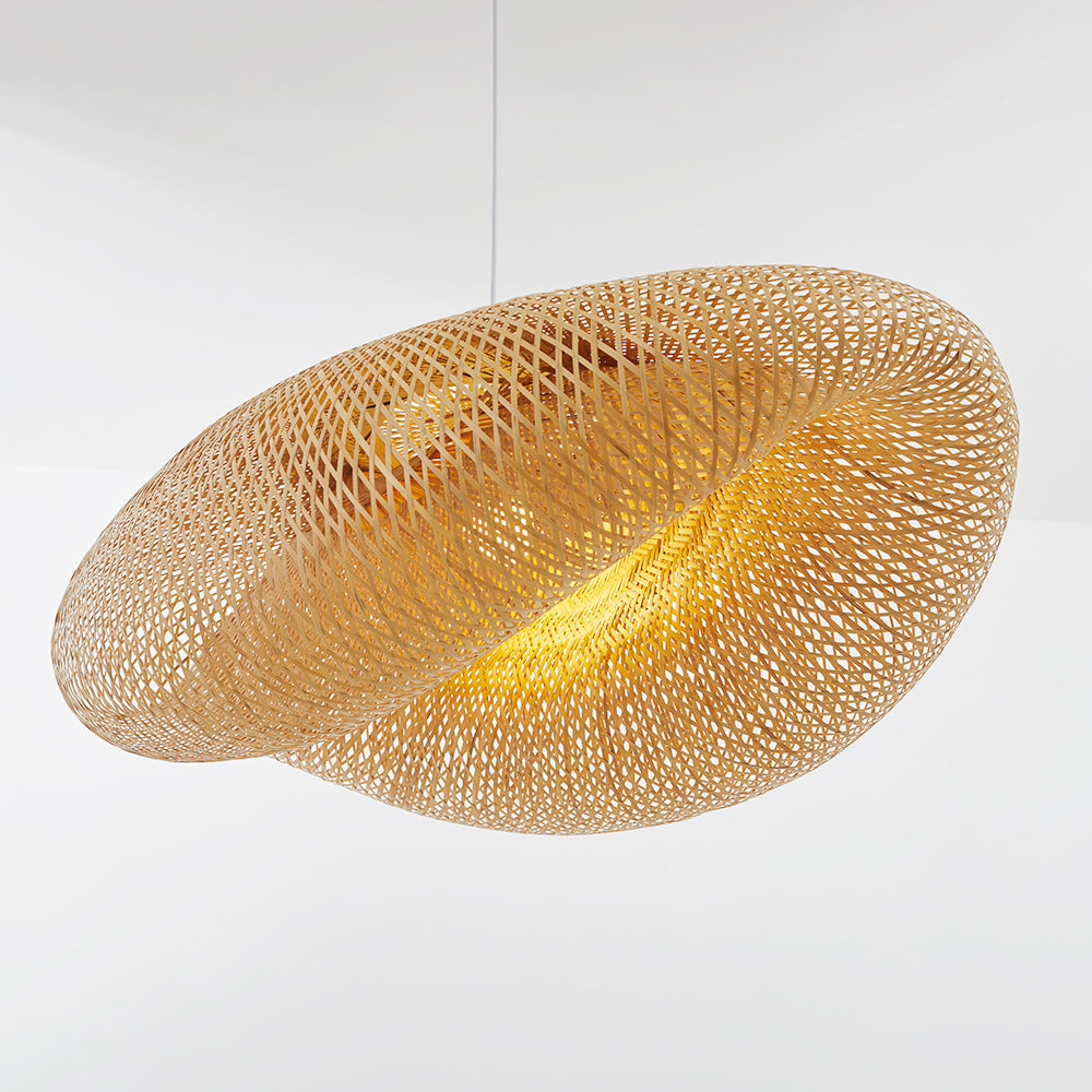 Artisan-crafted bamboo and rattan pendant light, providing stylish natural decor and soft home lighting.