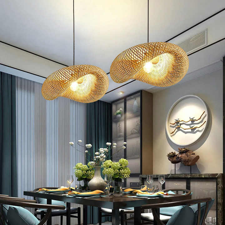 Boho style bamboo and rattan ceiling lamp, a unique wicker light for natural decor in any room.