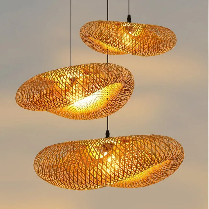 Wicker lamp inspired ceiling light, combining bamboo and rattan for a charming, handcrafted look.