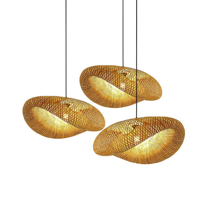 Eco-friendly bamboo light fixture with a textured rattan shade, perfect for bohemian home decor.