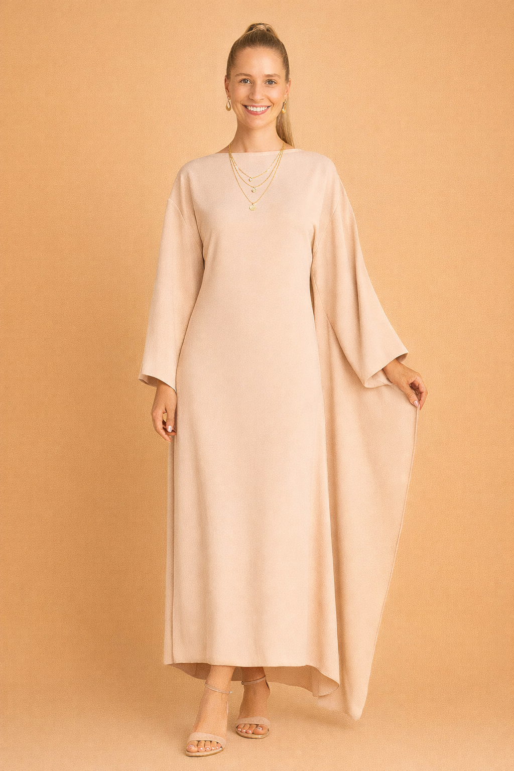 Elegant batwing sleeve maxi dress for women in black, chic formal wear.