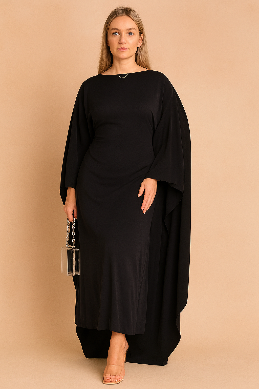 Women's long formal dress showcasing unique batwing sleeves and a graceful silhouette.