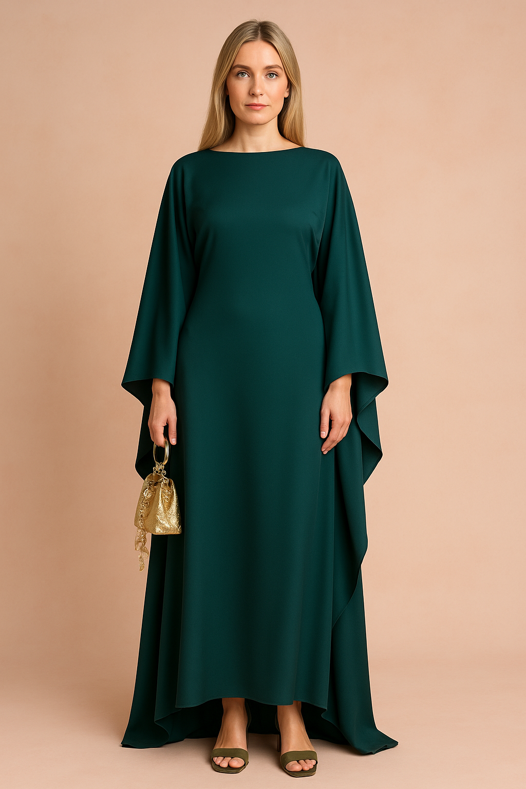 Modern chic: A women's maxi dress with trendy batwing sleeves for evening wear.