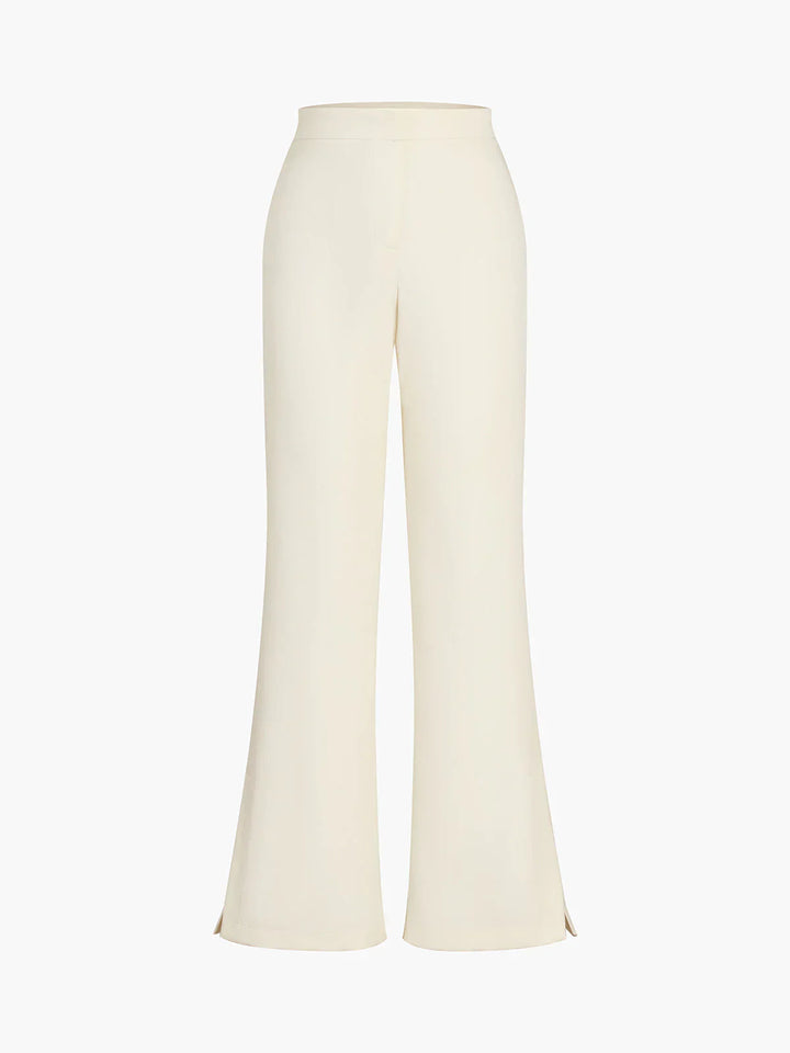 Stylish beige women's set: corset top and high waisted wide leg pants.