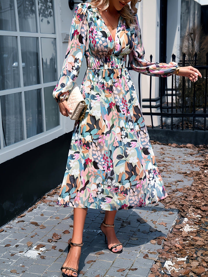 Versatile floral midi dress with long sleeves, suitable for various special events.