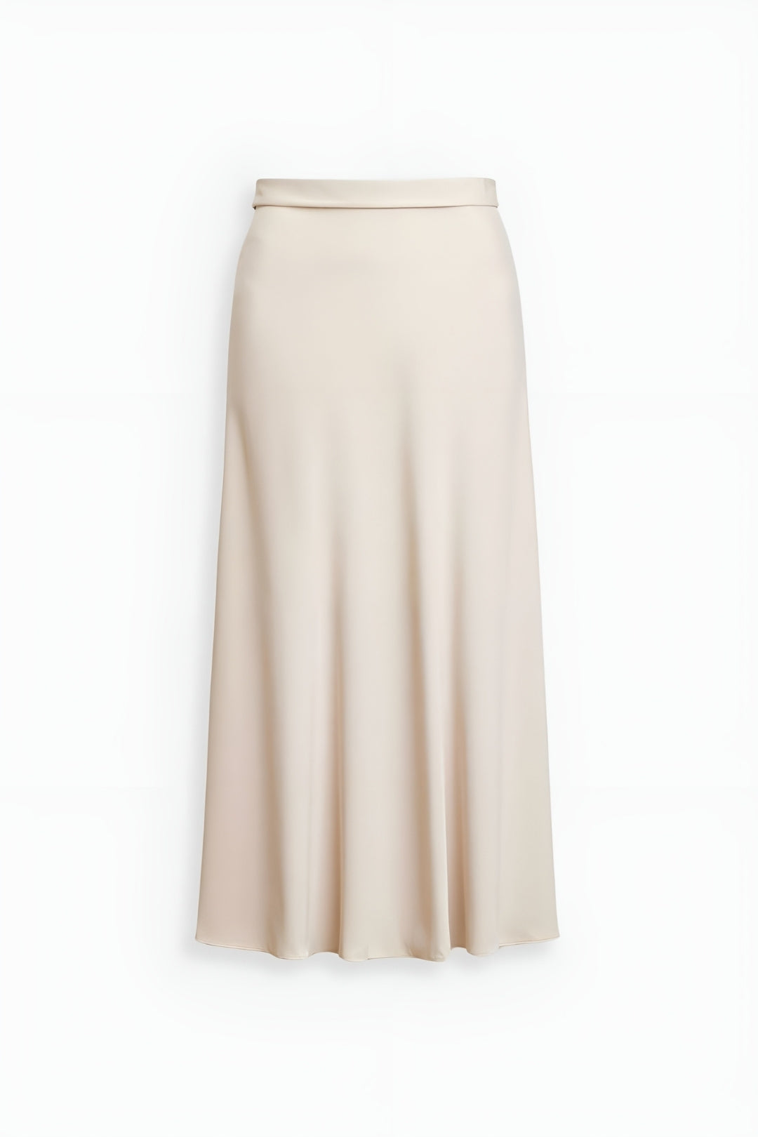Stylish women's beige A-line midi skirt, high-waisted, perfect for elegant office or casual spring ensembles.