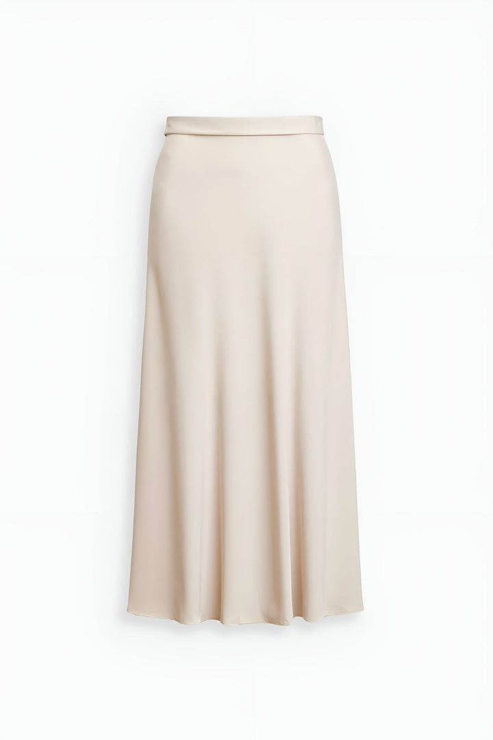 Stylish women's beige A-line midi skirt, high-waisted, perfect for elegant office or casual spring ensembles.