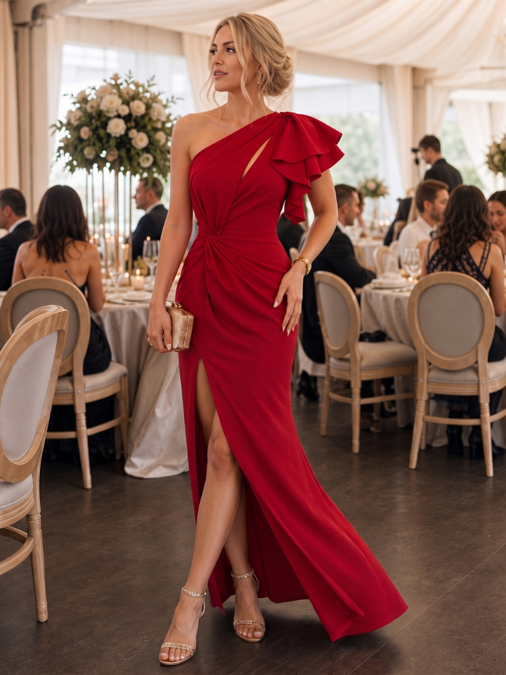 Stylish red one-shoulder women's midi dress, ideal for summer holidays, evening wear & sophisticated events.