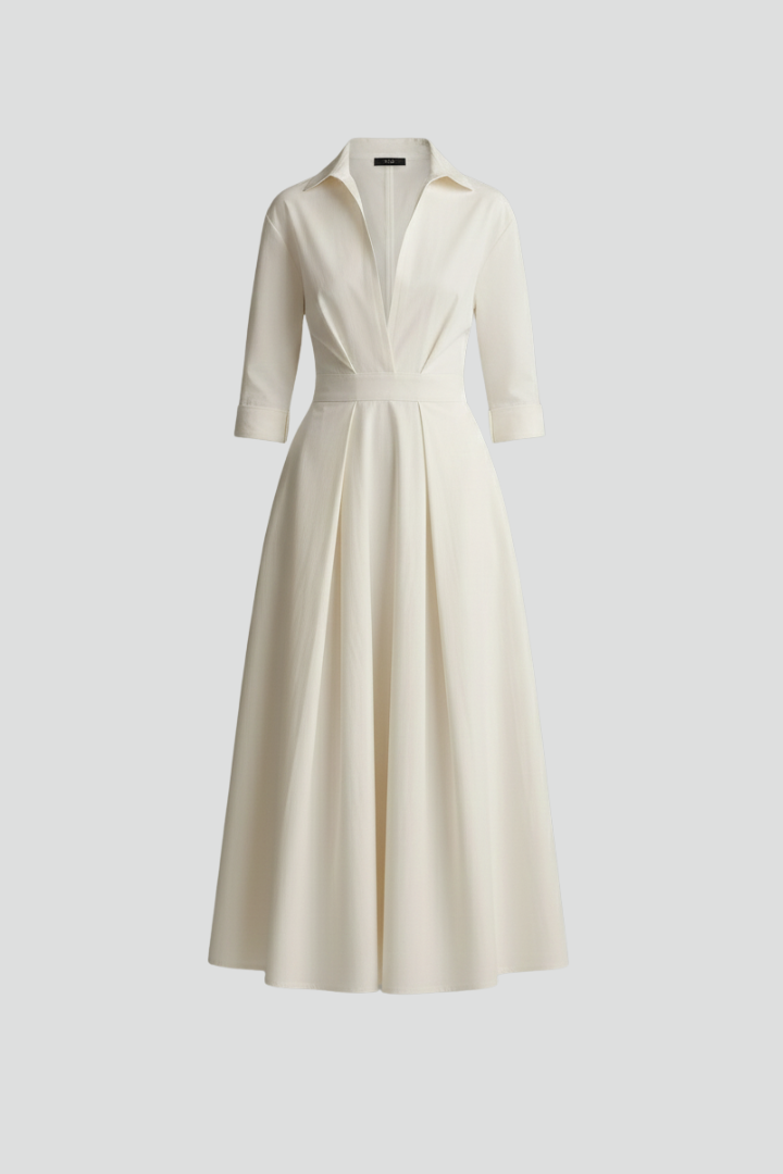 Elegant beige women's collared midi dress with button front. Versatile for summer, office, or casual wear.