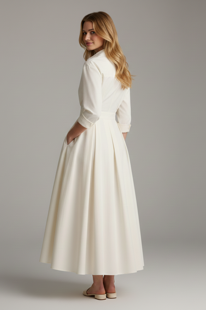 Modest women's beige button-front collared midi dress, ideal as a comfortable and elegant day dress for summer.