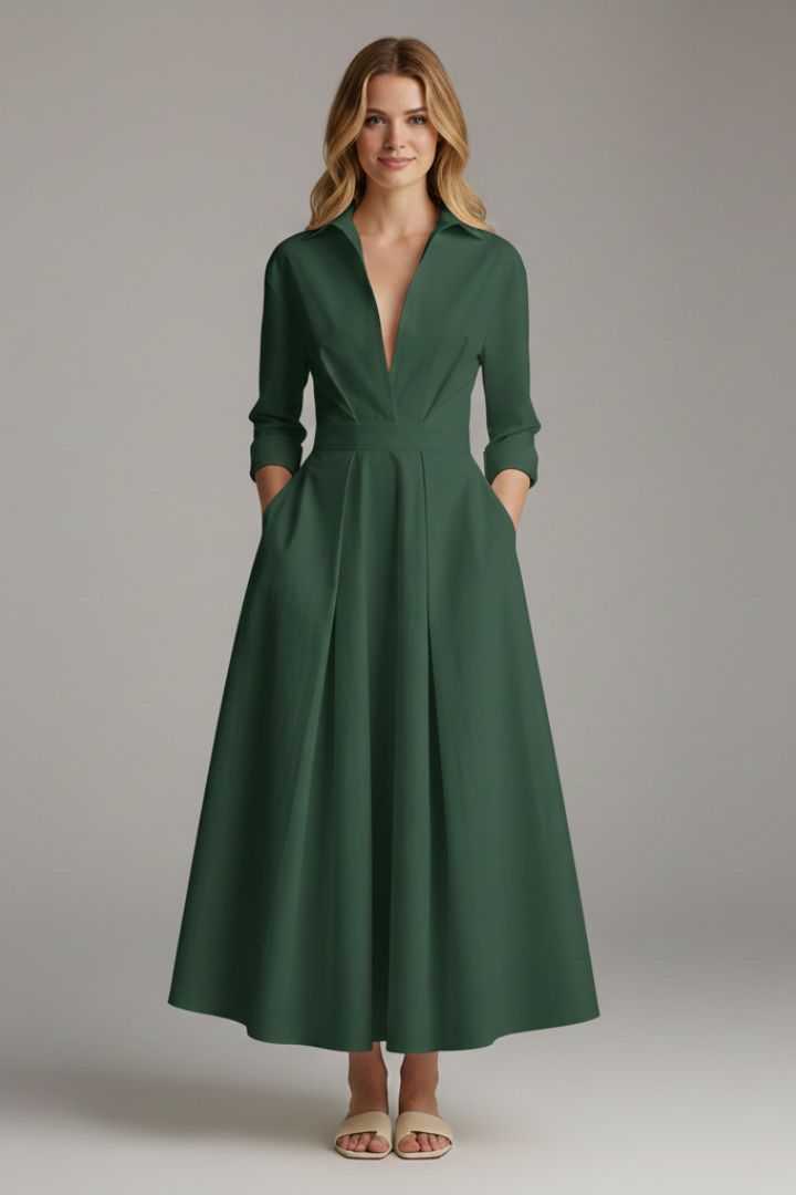 Elegant women's collared midi dress with button front, in green. Perfect balance for casual, office, or summer style.