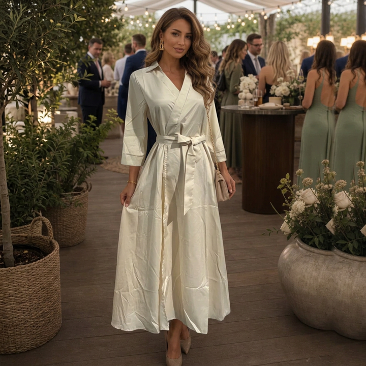 Elegant beige women's collared short sleeve wrap midi dress, perfect for spring & summer everyday wear.