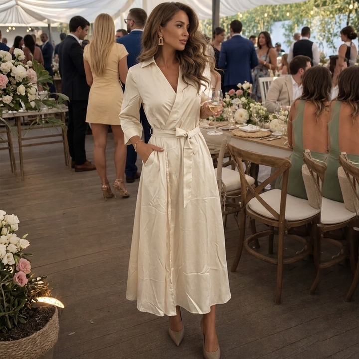 Chic beige collared wrap midi dress for women. Short sleeves, elegant design for summer & spring style.