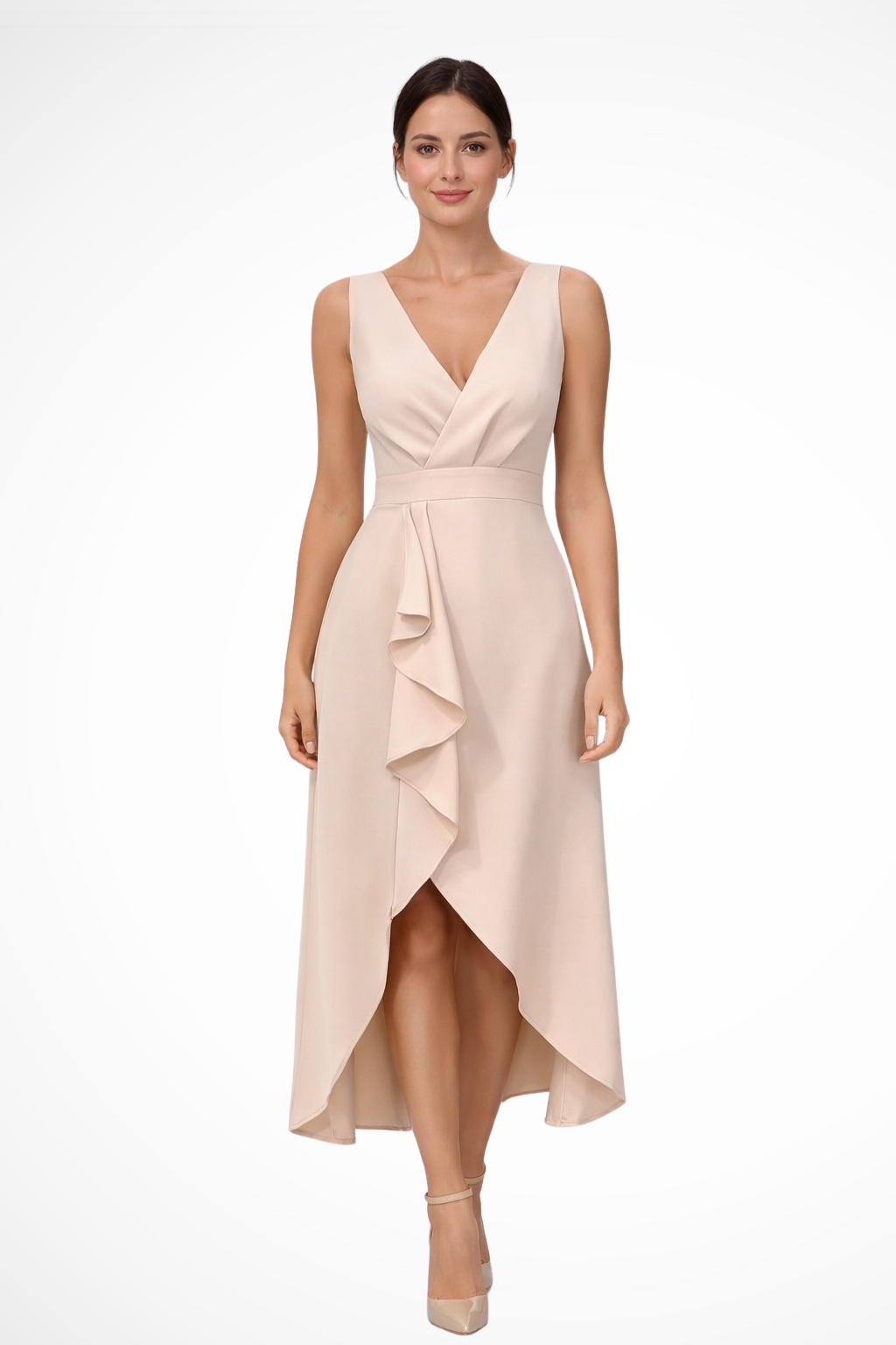 Elegant beige women's sleeveless wrap midi dress with a stylish asymmetric hem, perfect for spring and summer occasions.