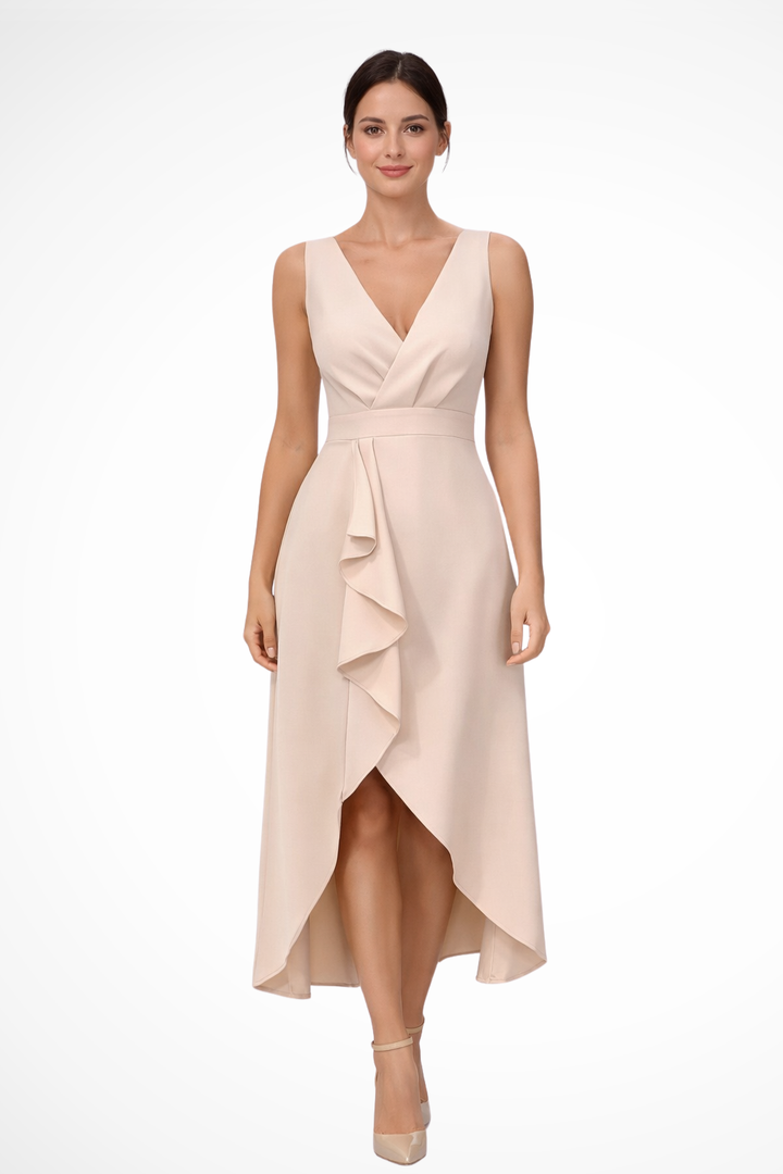 Elegant beige women's sleeveless wrap midi dress with a stylish asymmetric hem, perfect for spring and summer occasions.