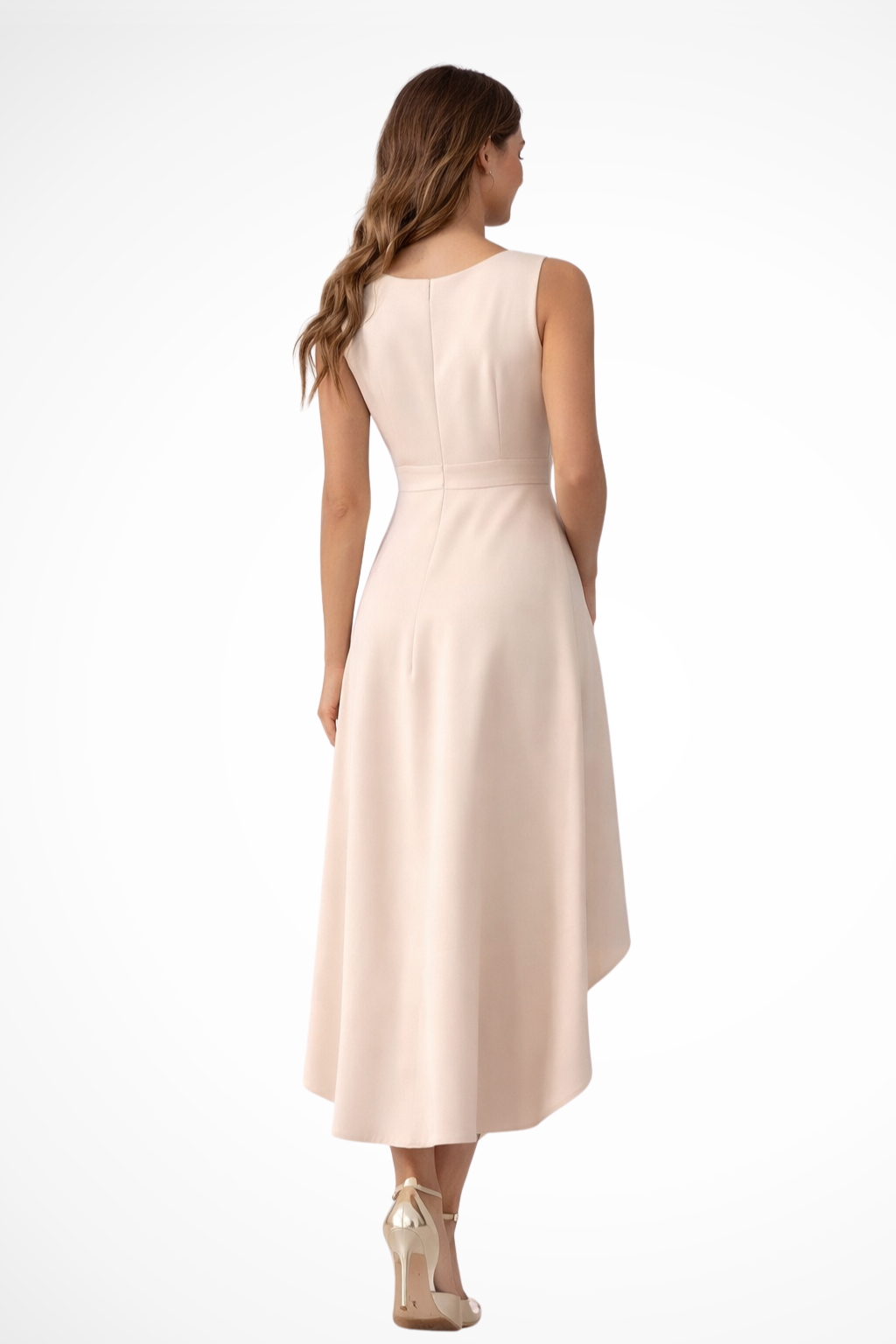Stylish beige sleeveless midi dress for women featuring a flattering wrap design and a unique asymmetric hem.