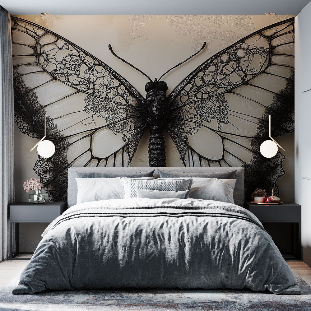 Elegant black butterfly floral wall mural. Peel & stick classical wallpaper with nature design for home decor.