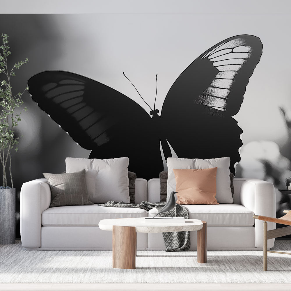 Elegant black butterfly wall mural, peel & stick or classical. Modern nature decor for a sophisticated home accent.