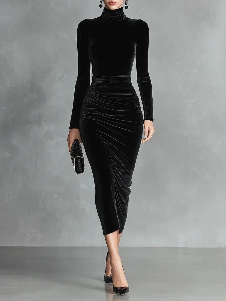 Elegant black high-neck long sleeve bodycon midi dress for women, perfect for evening wear & party occasions.