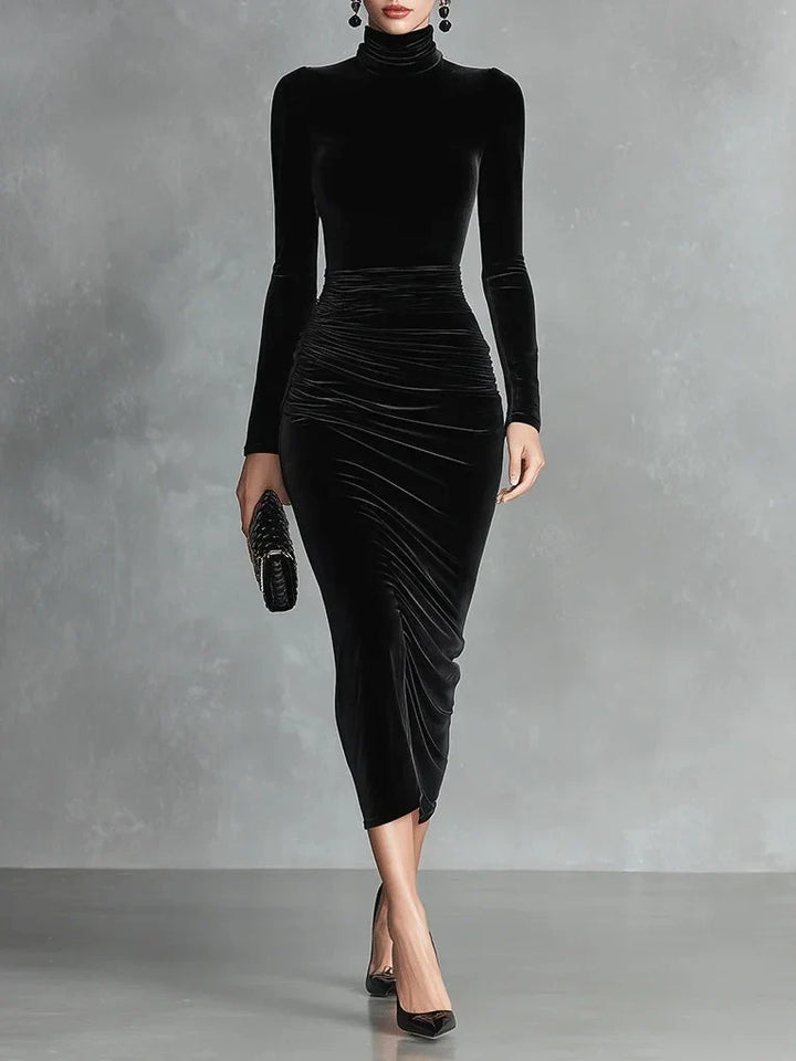 Elegant black high-neck long sleeve bodycon midi dress for women, perfect for evening wear & party occasions.