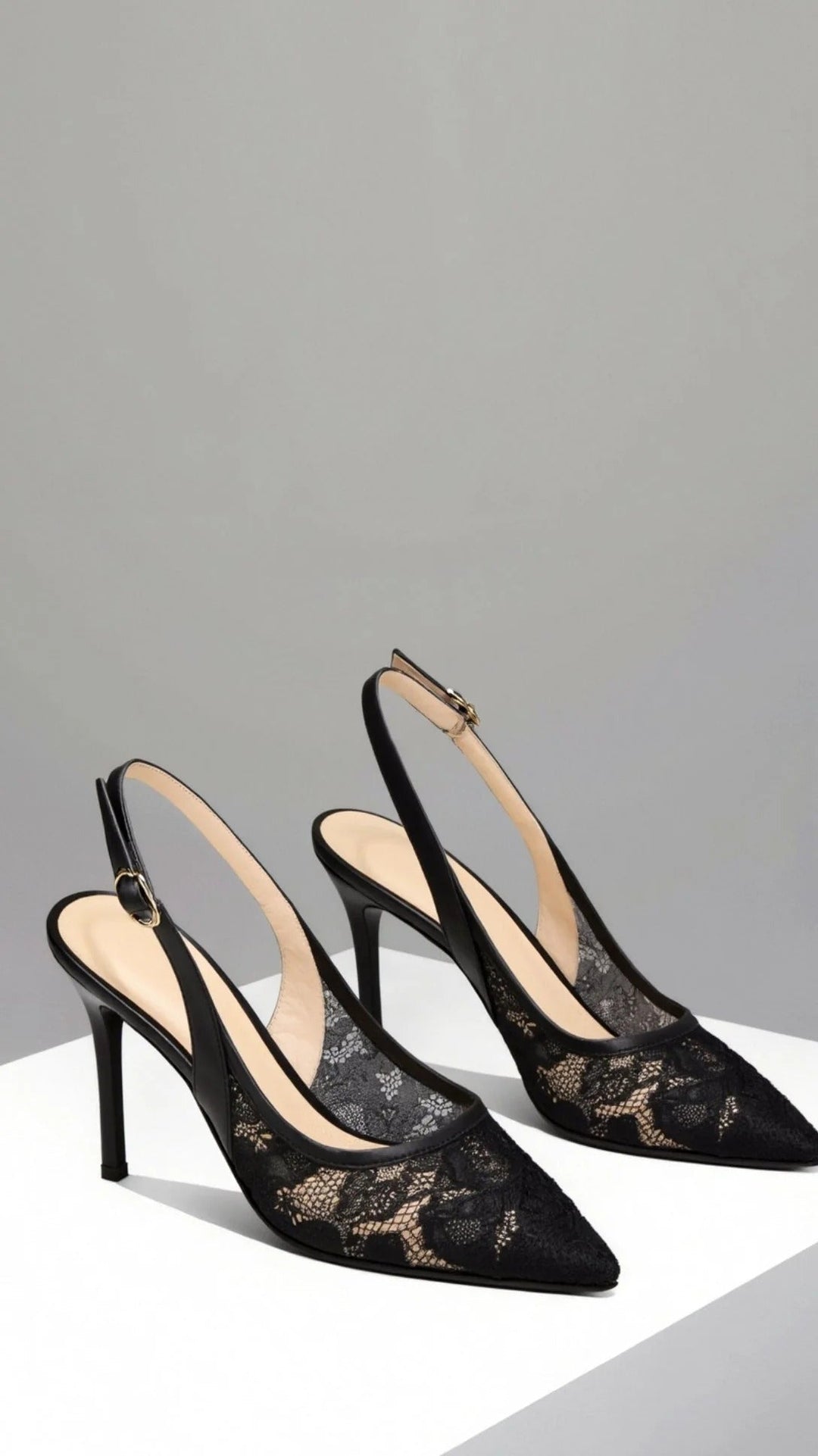 Shop these beautiful lace pointed toe slingback heels for a sophisticated look.