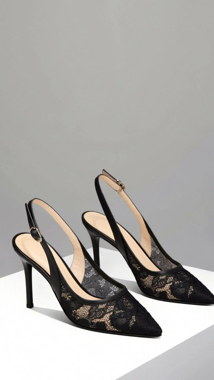 Shop these beautiful lace pointed toe slingback heels for a sophisticated look.
